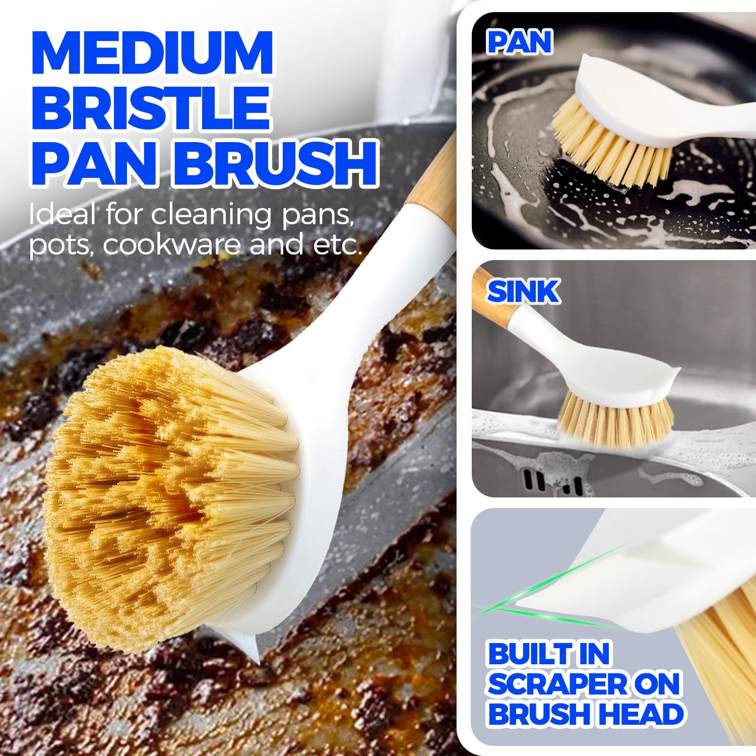 Holikme 3 Pack Dish Brush with Bamboo Handle Cleaning Brush,White Black