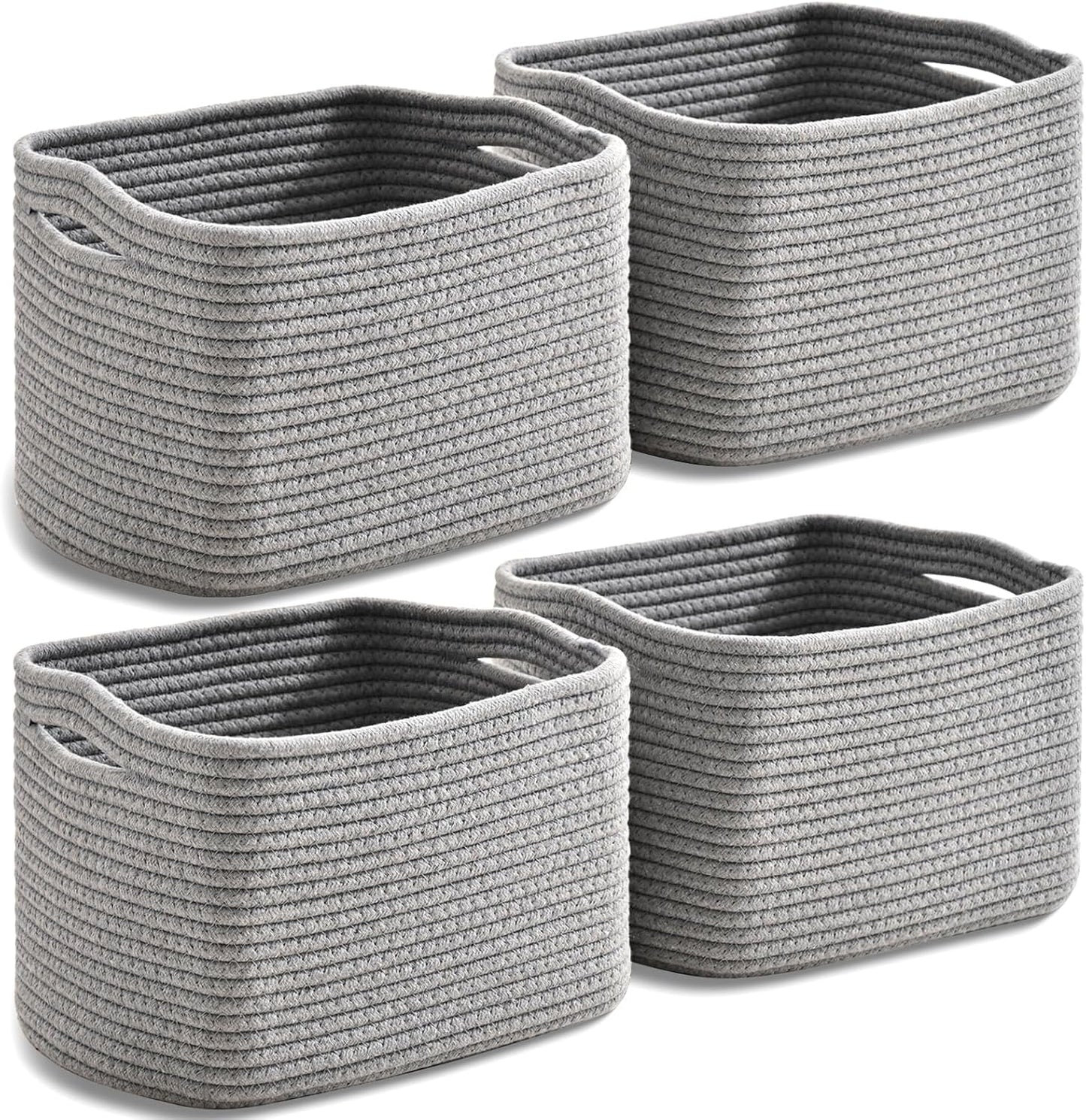 Small Storage Baskets for Organizing, Woven Storage Baskets for Shelves, Cotton Rope Basket for Storage, Cute Rectangular Book Toy Grey Basket, 12.7"×9.1"×7.9", 4 Packs, Grey