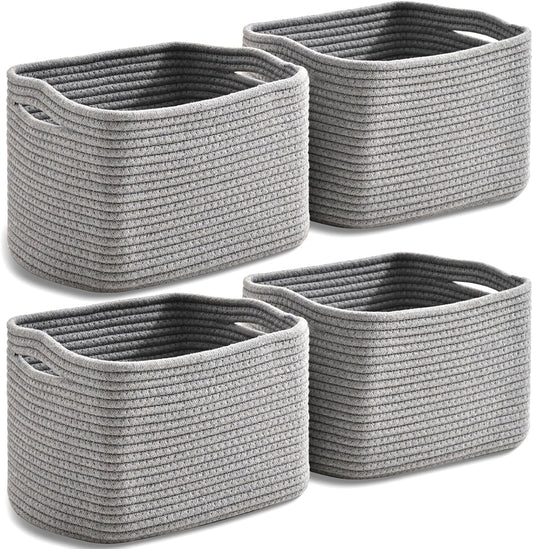 Small Storage Baskets for Organizing, Woven Storage Baskets for Shelves, Cotton Rope Basket for Storage, Cute Rectangular Book Toy Grey Basket, 12.7"×9.1"×7.9", 4 Packs, Grey