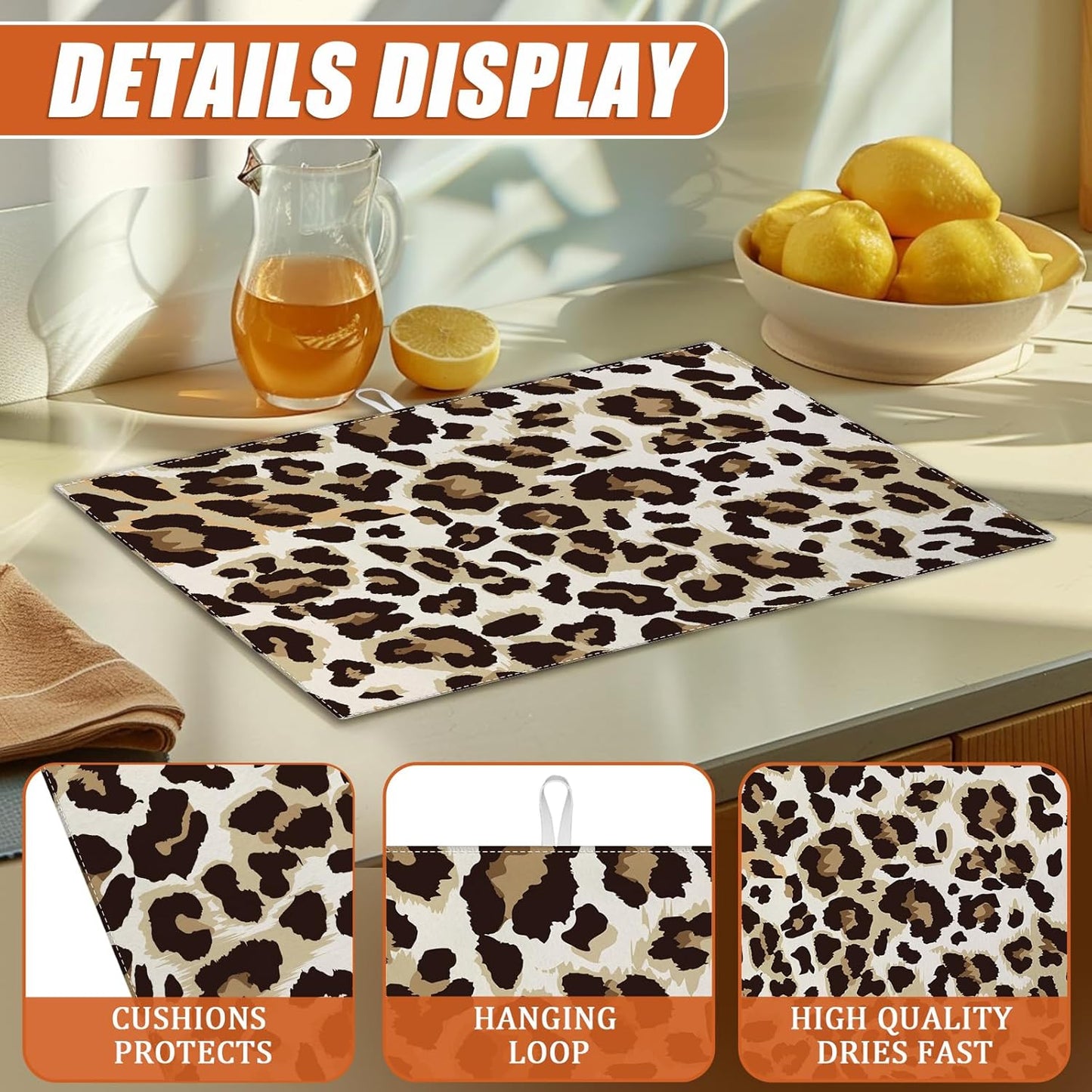 Brown Leopard Dish Drying Mat for Kitchen Counter Microfiber Absorbent Dish Kitchen Drying Mat Draining Reusable Washable for Dishes/Utensils/Counterto