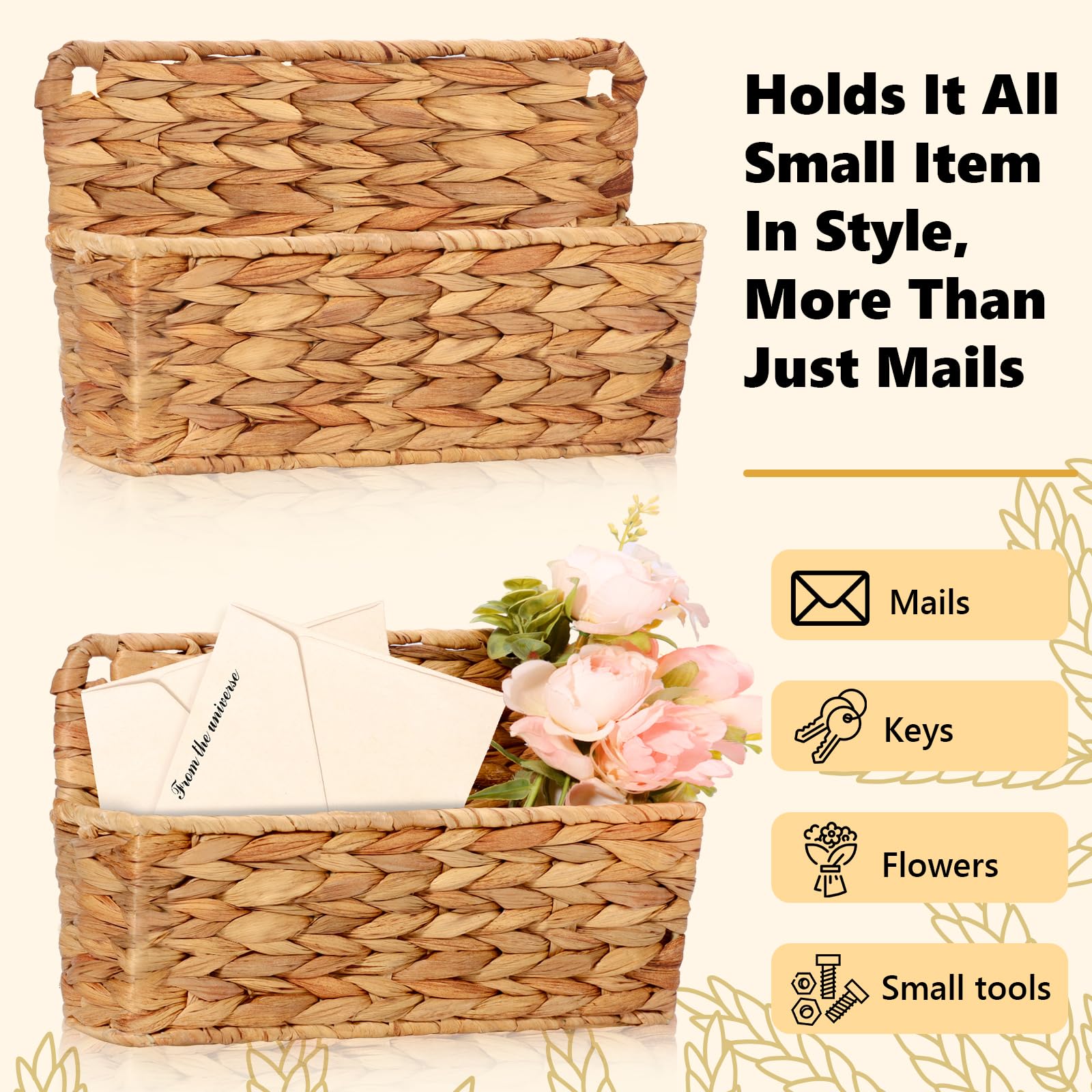MSHUNKEJI 2 Pcs Woven Mail Holder Wall Mount Basket 9.25x1.57 Inch Rattan Wall Letter Holder Wicker