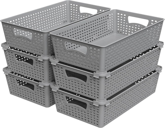 Simple Houseware Stackable Plastic Woven Basket Organizer, 6 Pack, 14.5" x 8.5" x 3.5", Gray