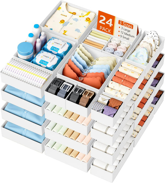 DIMJ Drawer Organizer Clothes - 24 Pack Baby Dresser Organizer for Nursery, Foldable Drawer Organizer Bins for Closet Bedroom Organization, Fabric Clothes Storage Dividers for Underwears, Socks, Bras