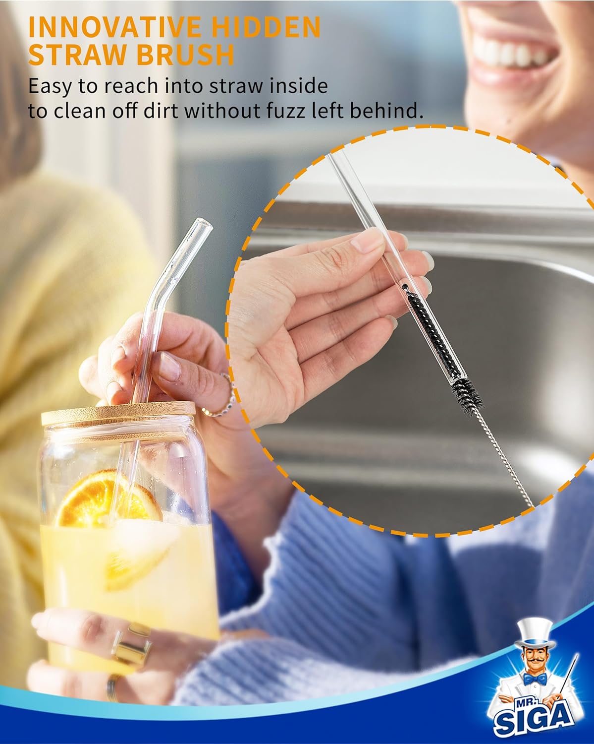 MR.SIGA Water Bottle Brush and Straw Cleaner Brush, Long Handle Bottle Cleaner Brush, 2 in 1 Bottle Cleaning Brush for Sports Bottles, Baby Bottles, Mugs, Straws