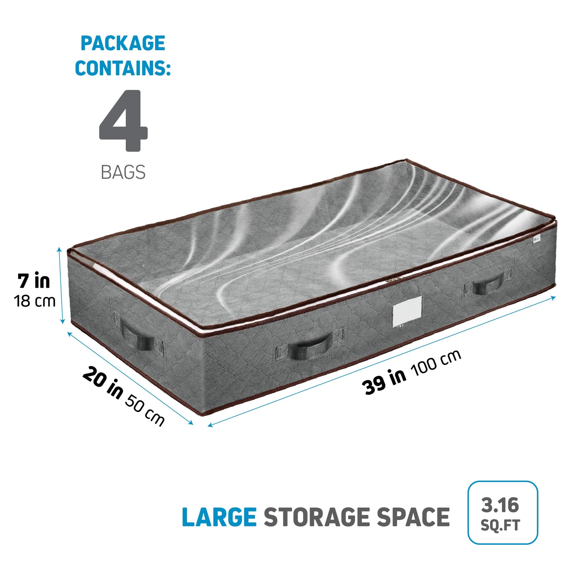 ZOBER Under Bed Storage Bags, Underbed Storage Containers, Gray, 90L 4-Pack