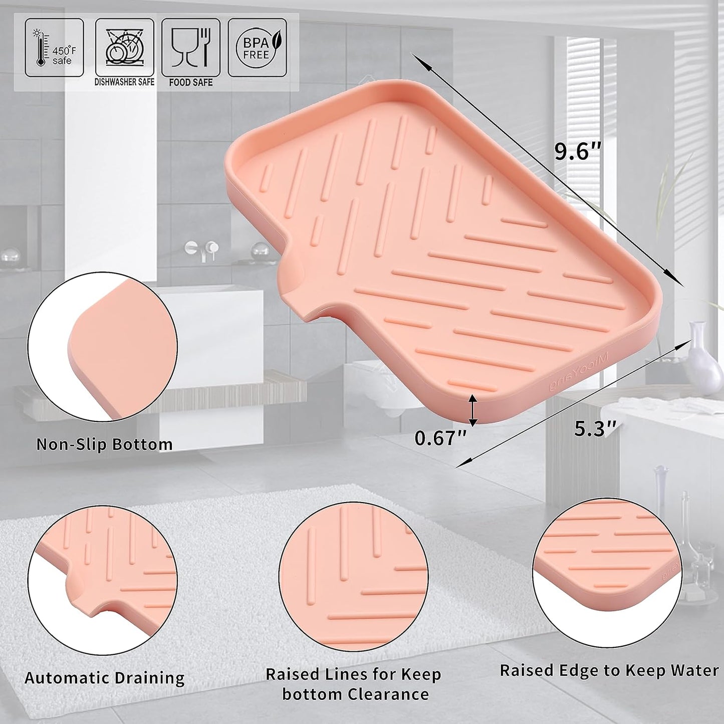 Silicone Bathroom Soap Dishes with Drain Spout-Bathroom and Kitchen Sink Organizer,Sponge Holder,Dish Soap Tray,Perfect for Dispenser,Scrubber,Bottle,Cup on Sink or Counter-Pink 9.6"×5.3"