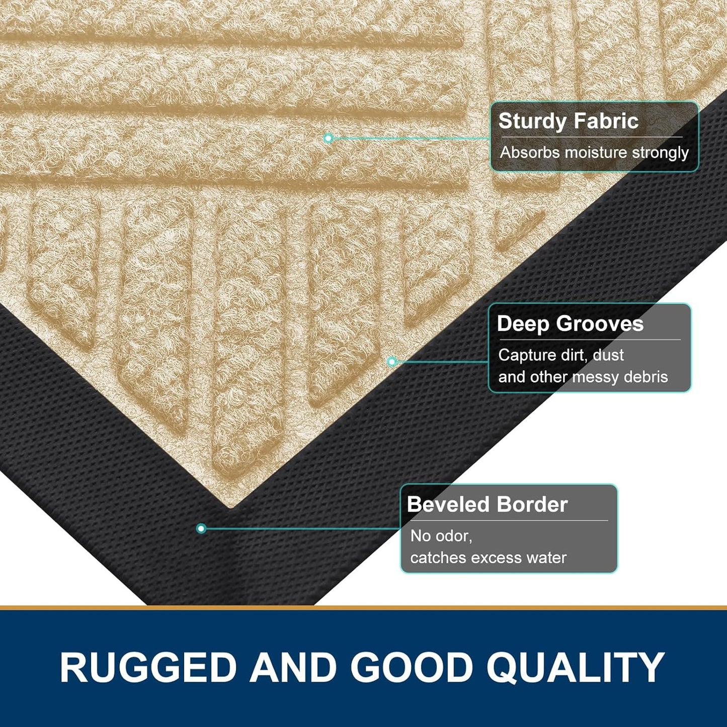 Smiry Front Door Mat Outside Entrance, Heavy Duty Outdoor Indoor Natural Rubber Doormat, Non Slip, Trap Dirt and Moisture, Easy Clean, Low Profile Patio Porch Entryway Mat, 47x32, Beige