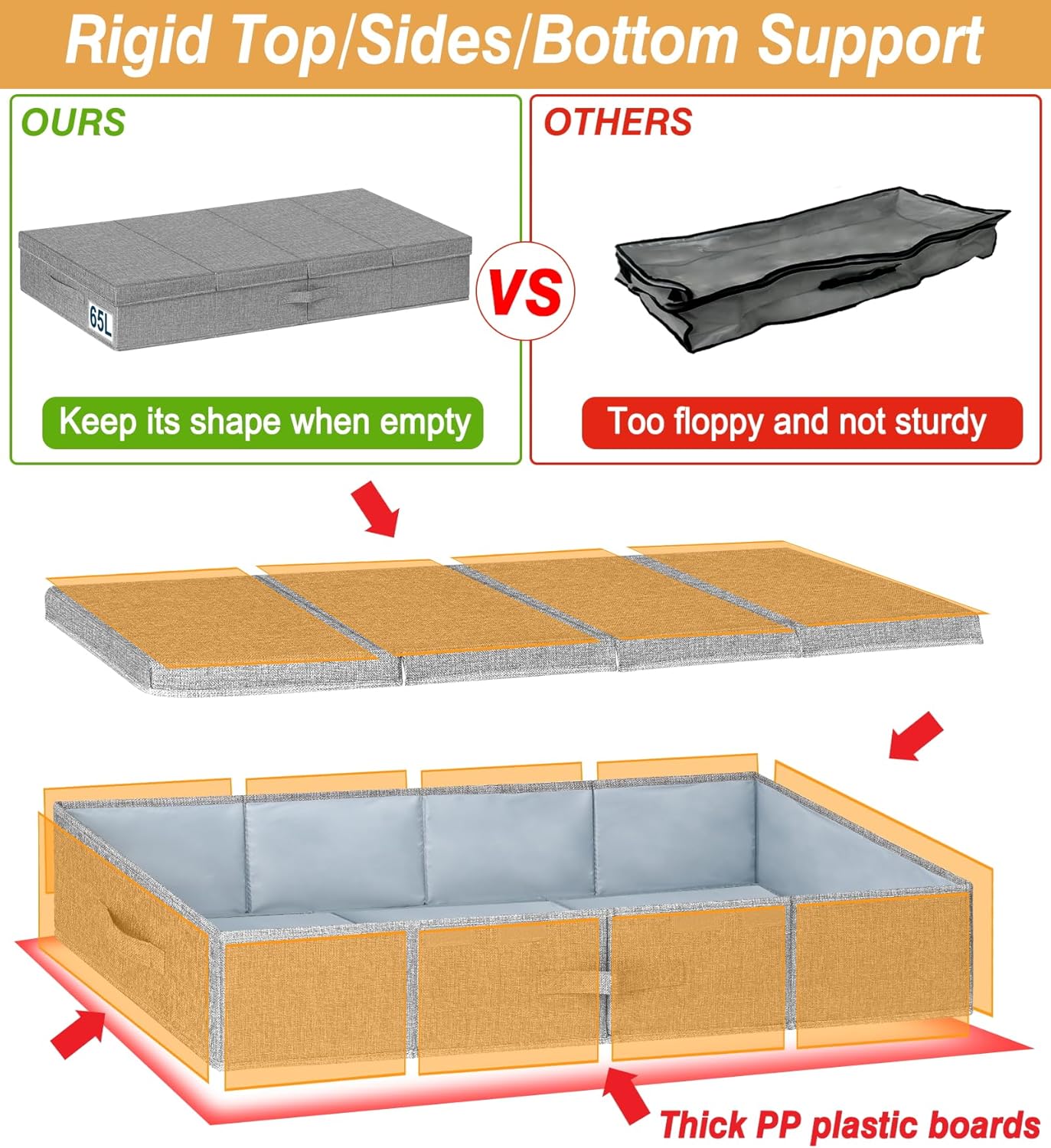 punemi Extra Large Under Bed Storage 65L, 42*16.5*5.8 in Tall underbed storage containers with Lids, Sturdy Closet Organizers and Storage Bins Bags for Blankets Comforter Sweaters Wrapping Paper 2PACK