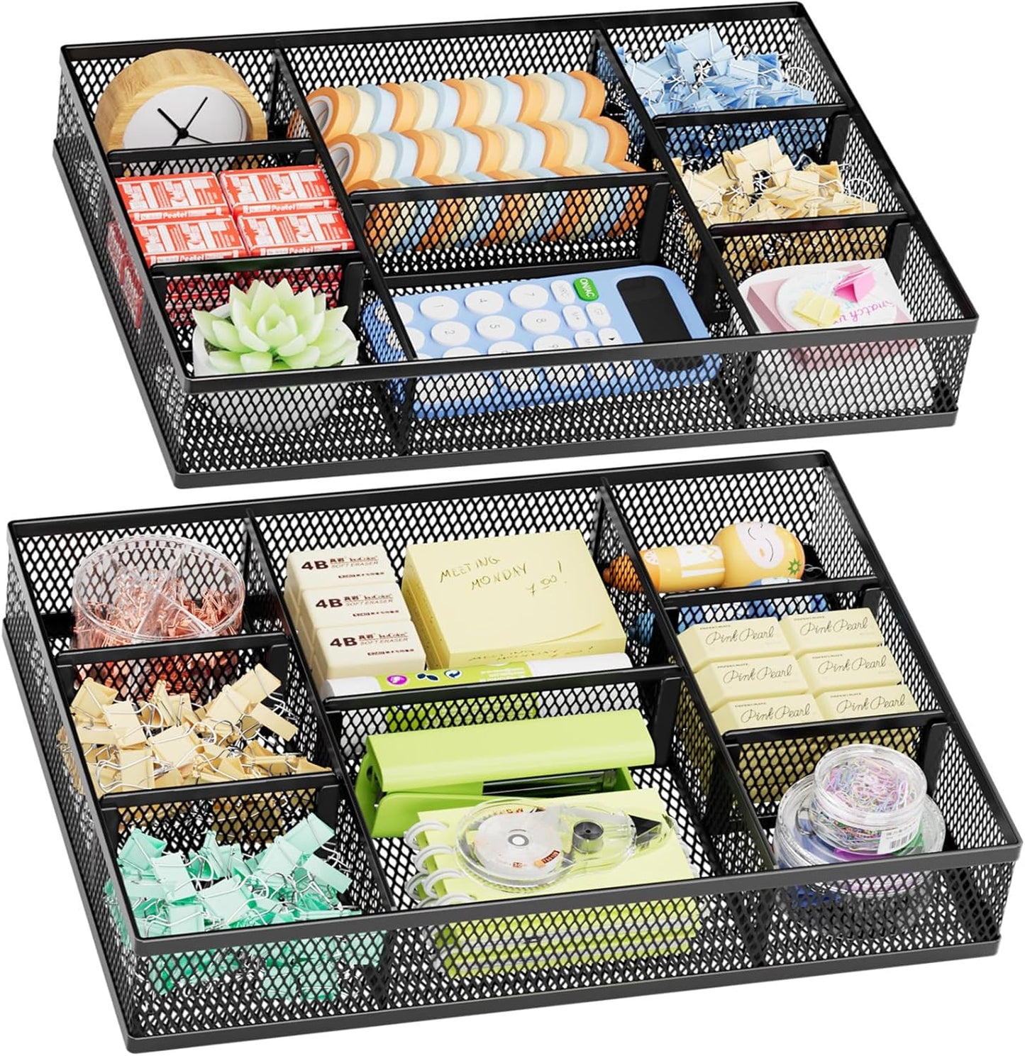 Marbrasse 2 Pack Desk Drawer Organizer, Mesh Drawer Organizer Tray with 8 Adjustable Compartments, Desk Organizers and Accessories, 5 Dividers Drawer for Office Supplies, Makeup & Vanity (Black)