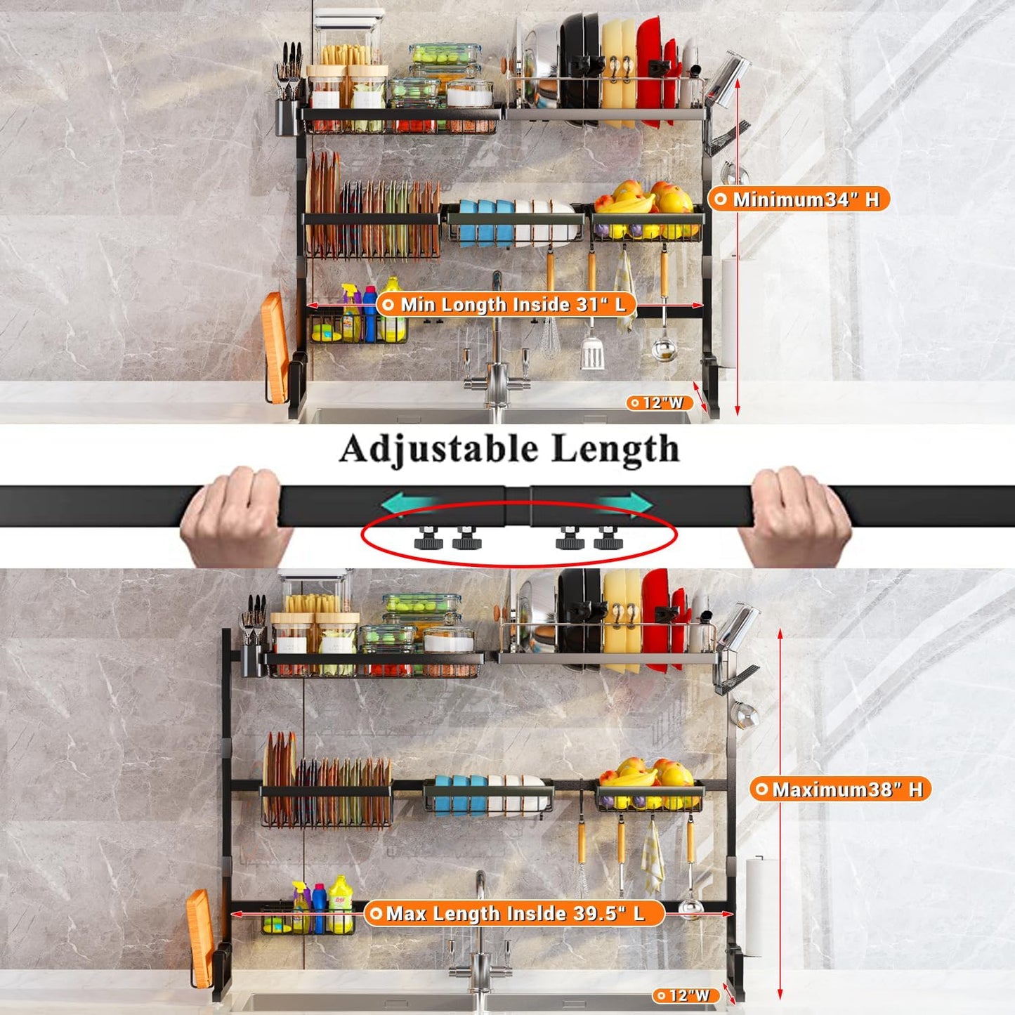 Over Sink Dish Drying Rack (Expandable Height/Length) (31-39.5L x 12W x 34-38H inches) Snap-On Design Large Dish Drainer Storage Counter Organizer