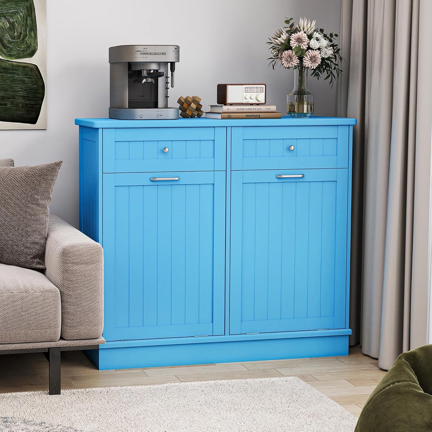 Betterhood Tilt Out Trash Cabinet 10 Gallon Wooden Free Standing Laundry Sorter Cabinet,Recycling Cabinet with Hideaway Drawer,Tilt Out Trash Cabinet Can Bin Kitchen (Double Light Blue, Double Door)