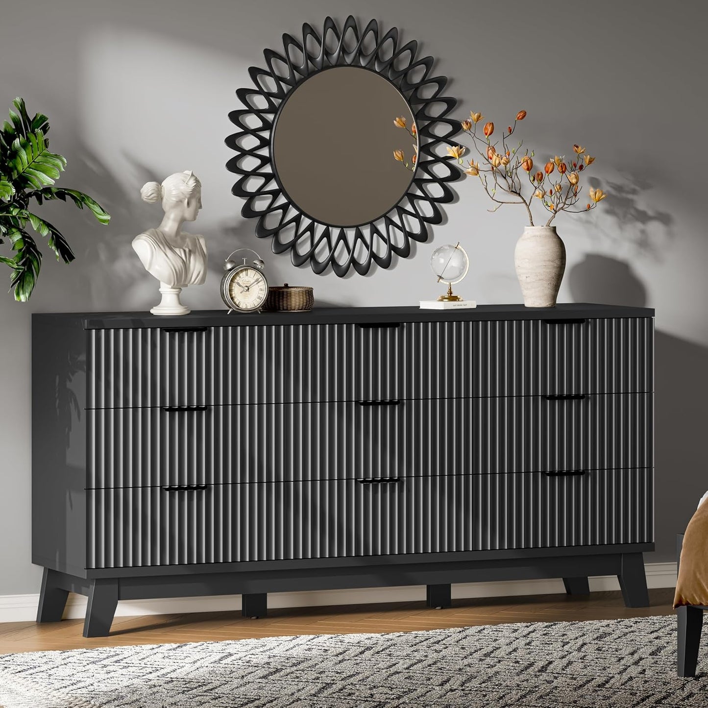Fluted Dresser with 9 Drawers, 63" Wide Modern Chest of Drawers with Metal Handle, Wooden Dresser TV Stand, Wood Closet Clothes Storage Organizer for Bedroom, Living Room, Hallway, Solid Black
