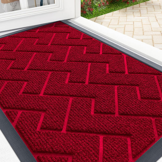 OLANLY Front Door Mat Indoor Outdoor Entrance, Waterproof All-Season, All-Weather Doormat, Sturdy Natural Rubber, Low Profile, Easy Clean Patio Porch Entryway Mat, Herringbone Brick (Wine Red, 59x23)