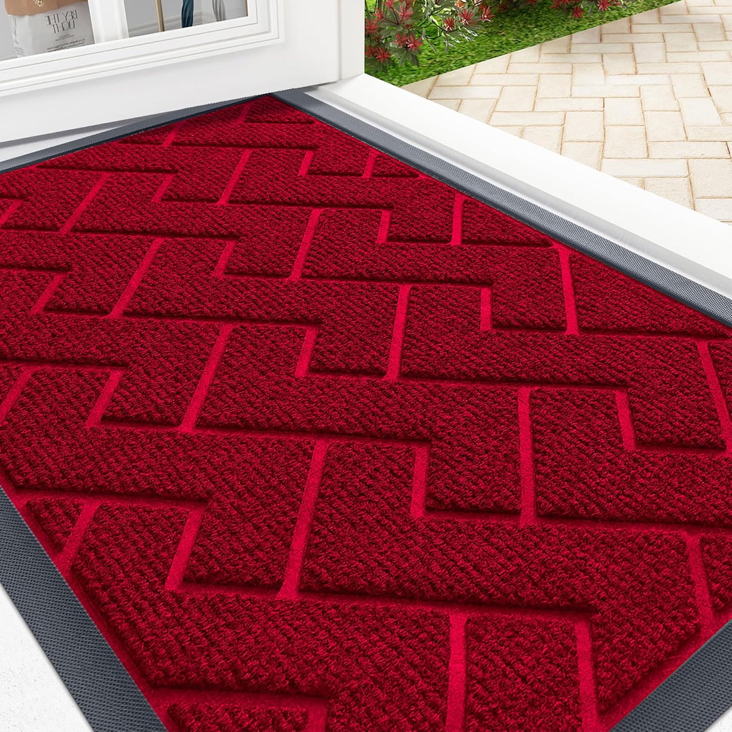 OLANLY Front Door Mat Indoor Outdoor Entrance, Waterproof All-Season, All-Weather Doormat, Sturdy Natural Rubber, Low Profile, Easy Clean Patio Porch Entryway Mat, Herringbone Brick (Wine Red, 36x24)