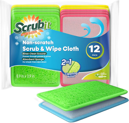 SCRUBIT - [12 Pack] Scrub and Wipe Cleaning Pads – Dual Sided Scouring Pad and Dish Sponge -Reusable Kitchen Sponge for Pots, Pans Utensils & Non-Stick Cookware - Assorted Color Dishwashing sponges