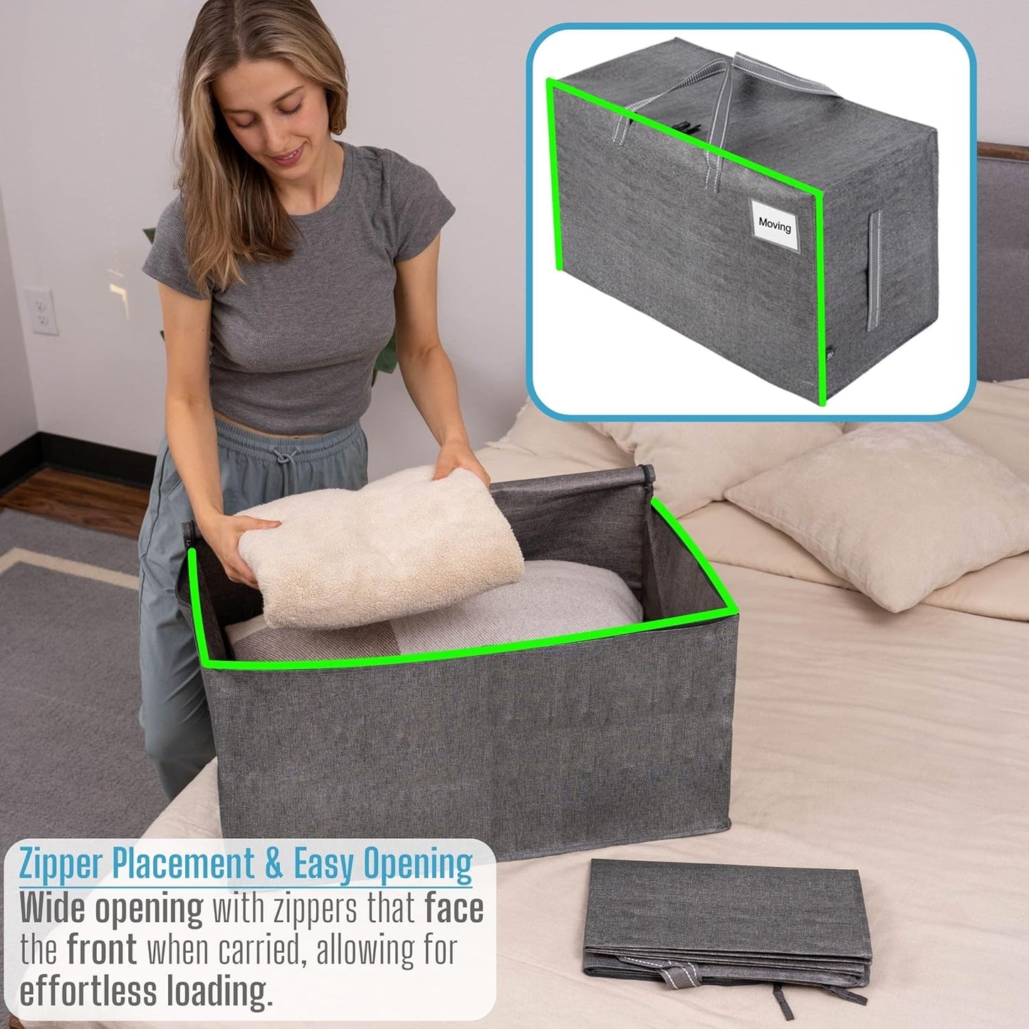 VENO 2 Pack Moving and Storage Bags, Heavy Duty, Alternative to Moving Boxes, Large Packing Totes Supplies for College Dorm Room with Zipper for Clothes, Wide Open Design (Dark Gray, 2 Pack)