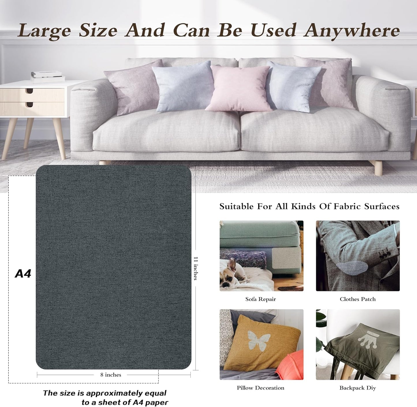 KING MOUNTAIN Fine Linen Repair Patches, Self-Adhesive Linen Fabric Patches, 8X11 inch Extra Size, Multi Color, Can be Used for Linen Sofa Repair and Linen Clothes Repair(8" x 11", Charcoal Gray)