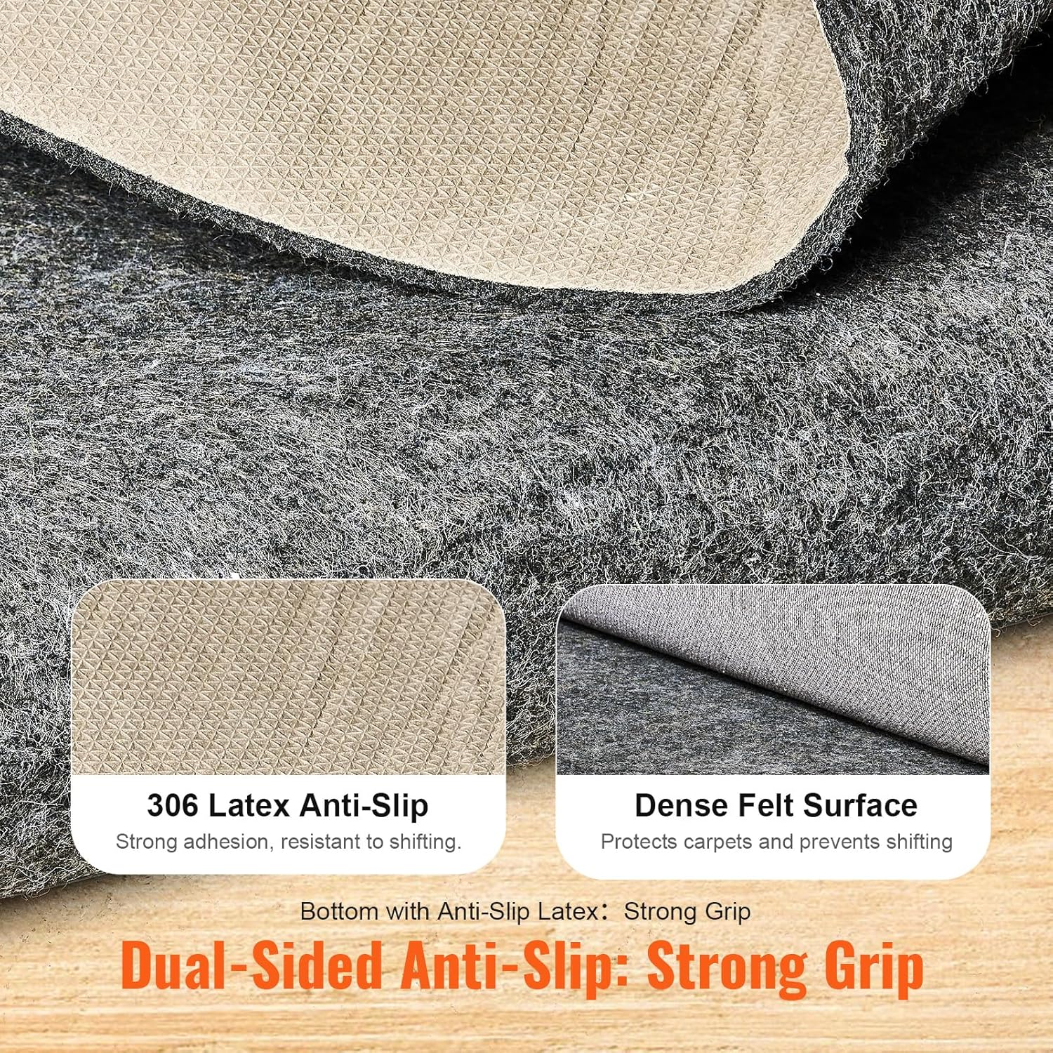 VEVOR - Slip-Resistant Rug Pad - Protective Cushioning Carpet Pad - 8' x 10' - 1/4" Thick - Dual
