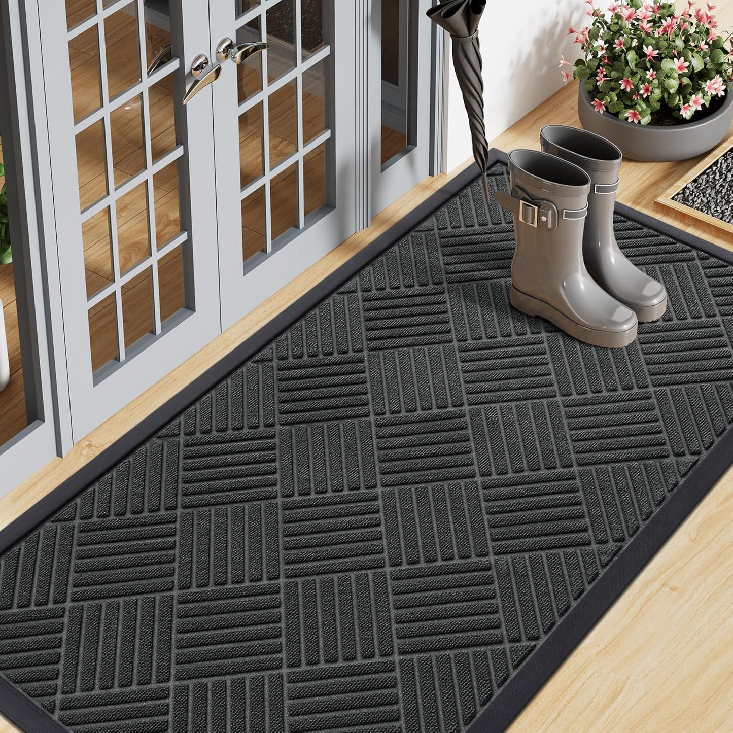 Smiry Front Door Mat Outside Entrance, Heavy Duty Outdoor Indoor Natural Rubber Doormat, Non Slip, Trap Dirt and Moisture, Easy Clean, Low Profile Patio Porch Entryway Mat, 59x20, Black