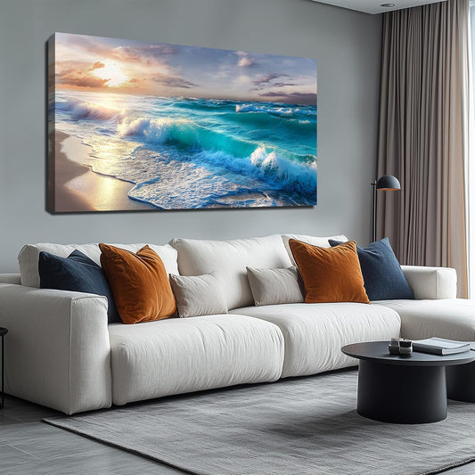 GUGIKA Ocean Wall Art for Living Room, Blue Wave and Large Coastal Beach Canvas Wall-Decor for Bedroom, Gold Sun Scenery Pictures for Hallway Office, Size 59 x 29 Inches