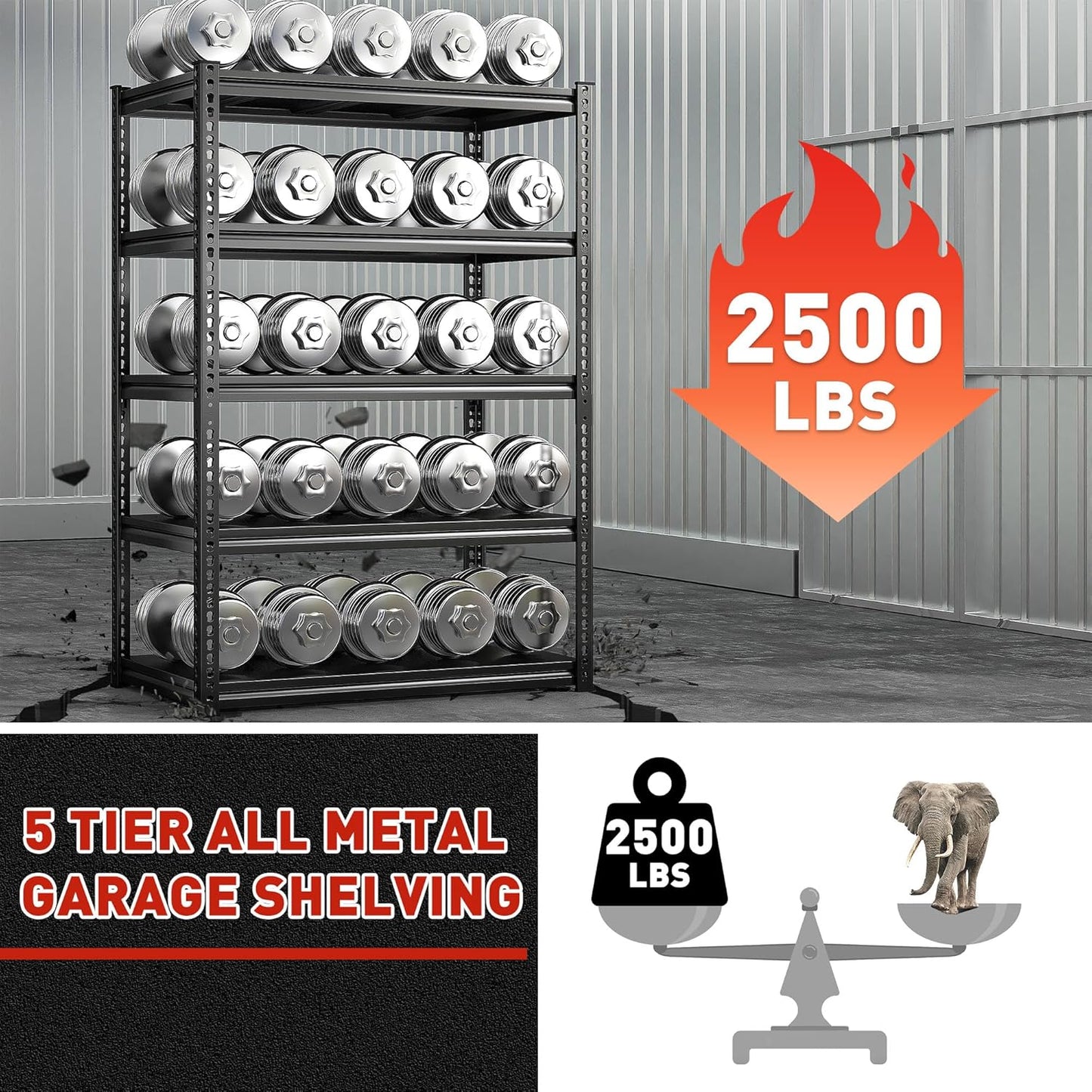 REIBII 72" H Garage Shelving Load 2500 LBS, Heavy Duty Storage Shelves, 5-Tier Adjustable Garage Shelves for Warehouse, Basement, 72" H x36 W x18 D, Black, 2 Pack