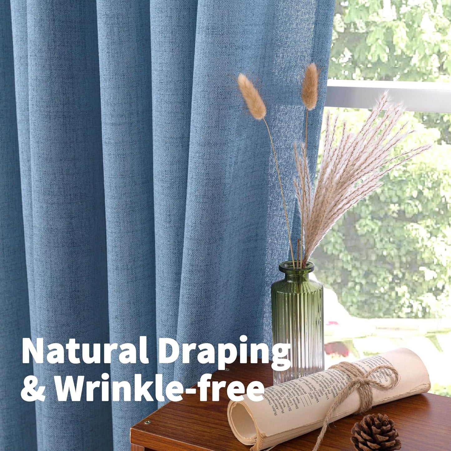 YoungsTex Denim Blue Linen Curtains 54 Inch Length for Short Windows, Semi Sheer Drapes Light Filtering with Rod Pocket Back Tab for Living Room Kitchen Bathroom, 2 Panels, 42 X 54 Inch