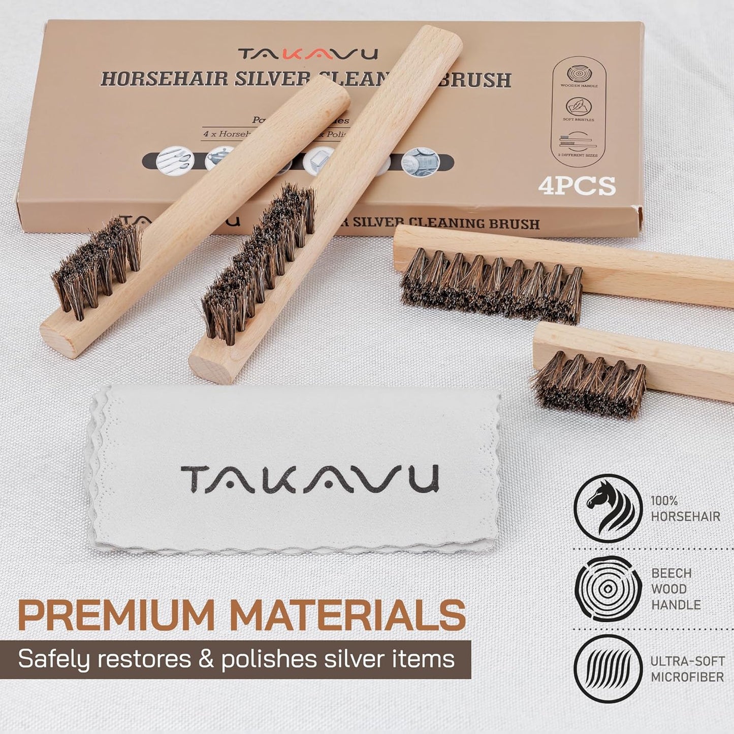TAKAVU Horsehair Detail Brush Set, Silver Cleaning Brushes & Polish Cloth for Silverware Plateware Jewelry