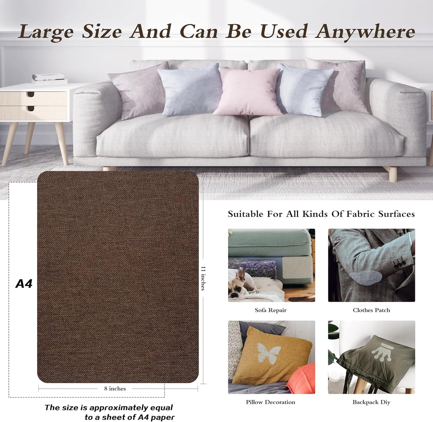 KING MOUNTAIN Coarse Linen Repair Patches, Self-Adhesive Linen Fabric Patches, 8X11 inch, Multi Color, Can be Used for Linen Sofa Repair and Linen Clothes Repair(8" x 11",Coffee Brown)