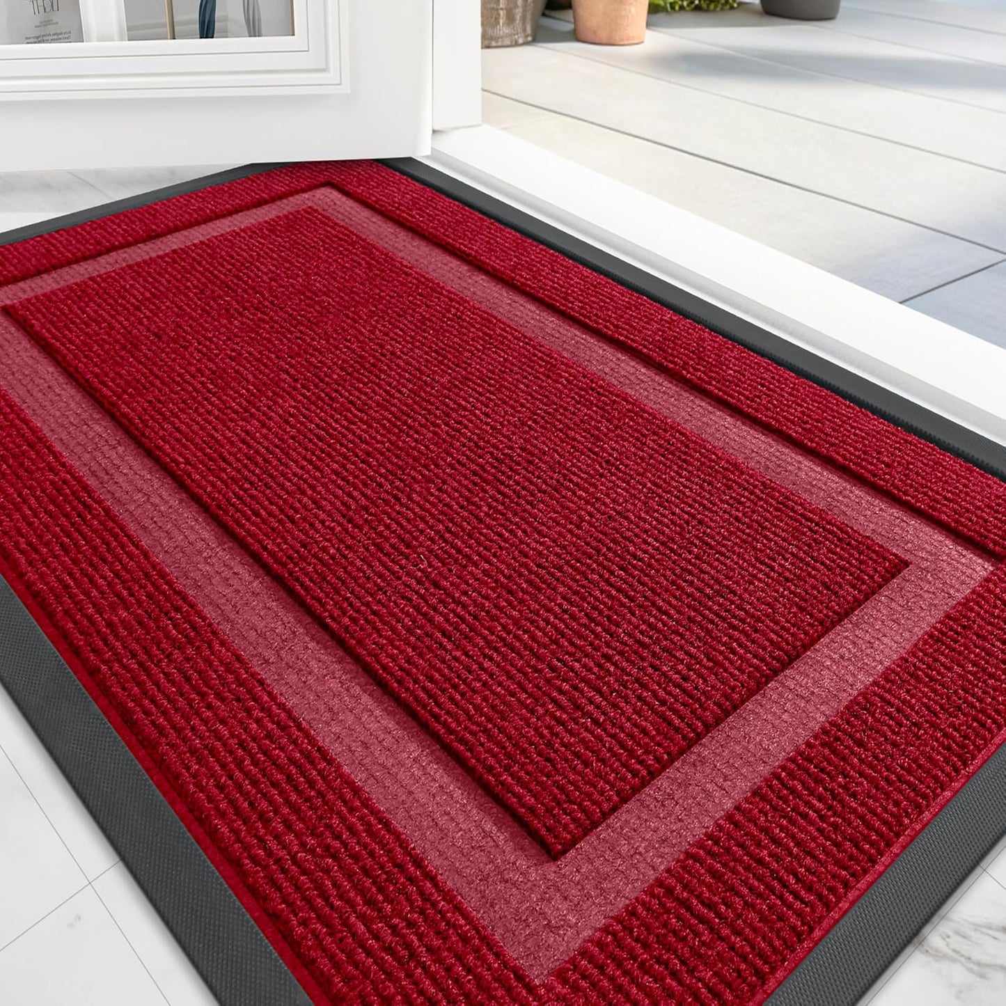 OLANLY Front Door Mat Indoor Outdoor Entrance, Waterproof All-Season, All-Weather Doormat, Sturdy Natural Rubber, Fade Resistant, Low Profile, Easy Clean Patio Porch Entryway Mat, 71x23, Wine Red