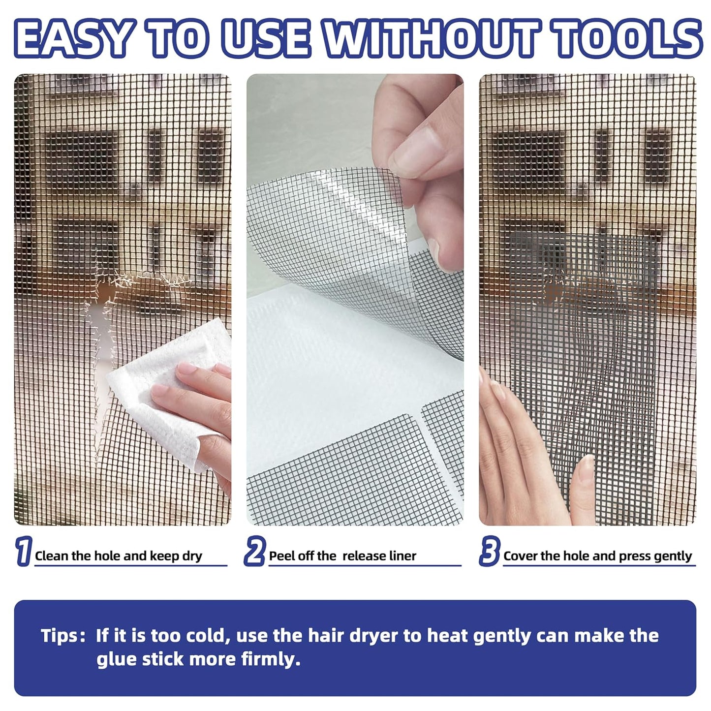 KING MOUNTAIN 20 Sheets Black Window Screen Patches, 44 in Repair Kit for Tears & Holes, Strong Adhesive Mesh Tape, Quick & Waterproof