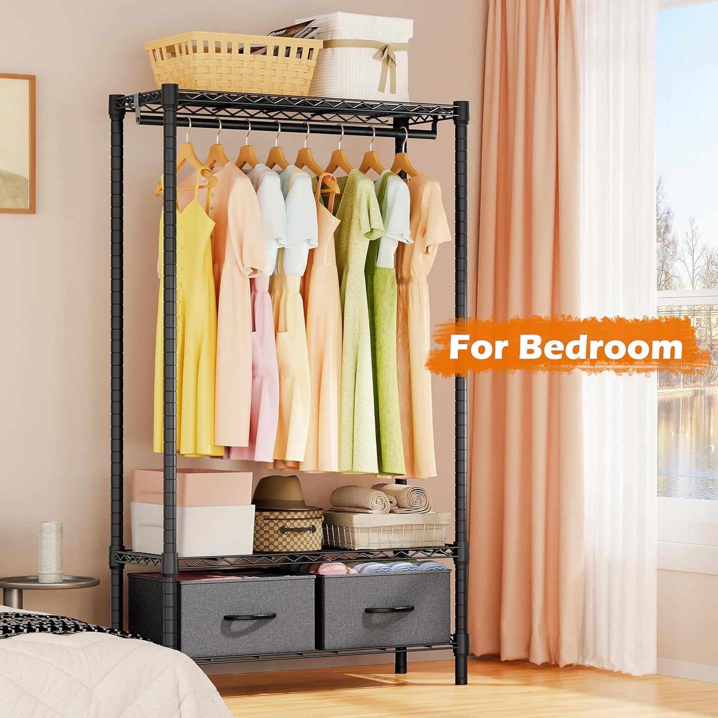 Heavy Duty Rolling Garment Rack 3 Tiers Adjustable Wire Shelving with Rod, Storage Closet Clothing Rack with Drawers Dark Grey, 15.8" D x 35.5" W x 72.4" H