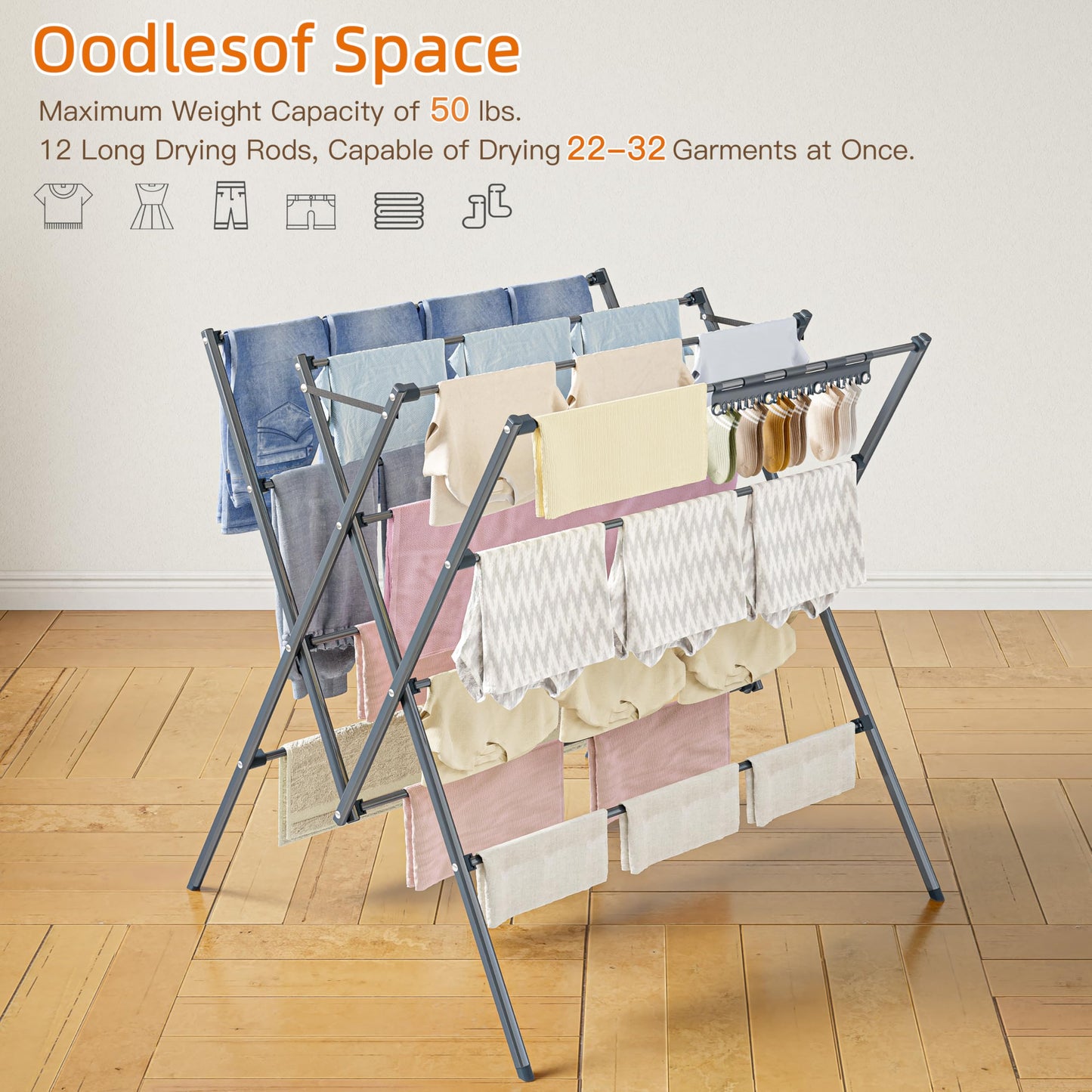 Drying Rack Clothing,12 Drying Poles with Sock Clips Clothes Drying Rack
