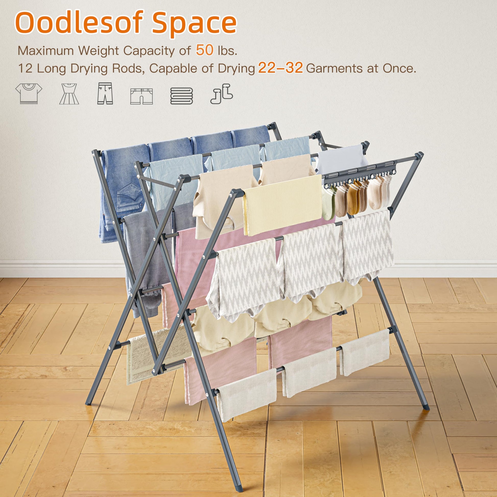 Drying Rack Clothing,12 Drying Poles with Sock Clips Clothes Drying Rack