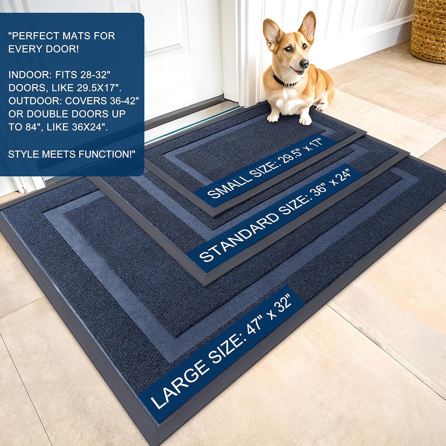 OLANLY Front Door Mat Indoor Outdoor Entrance, Waterproof All-Season, All-Weather Doormat, Sturdy Natural Rubber, Fade Resistant, Low Profile, Easy Clean Patio Porch Entryway Mat, 47x24, Blue