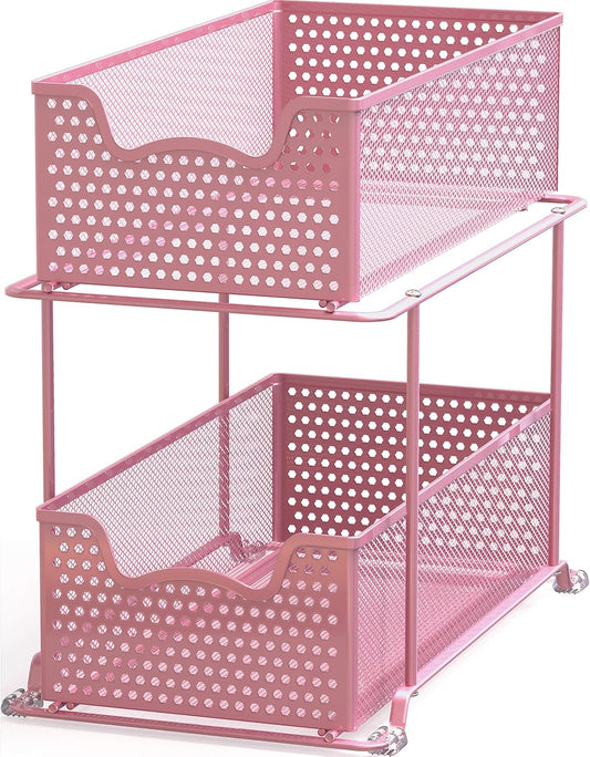 SIMPLE HOUSEWARE 2 Tier Sliding Cabinet Basket Organizer Drawer, Pink