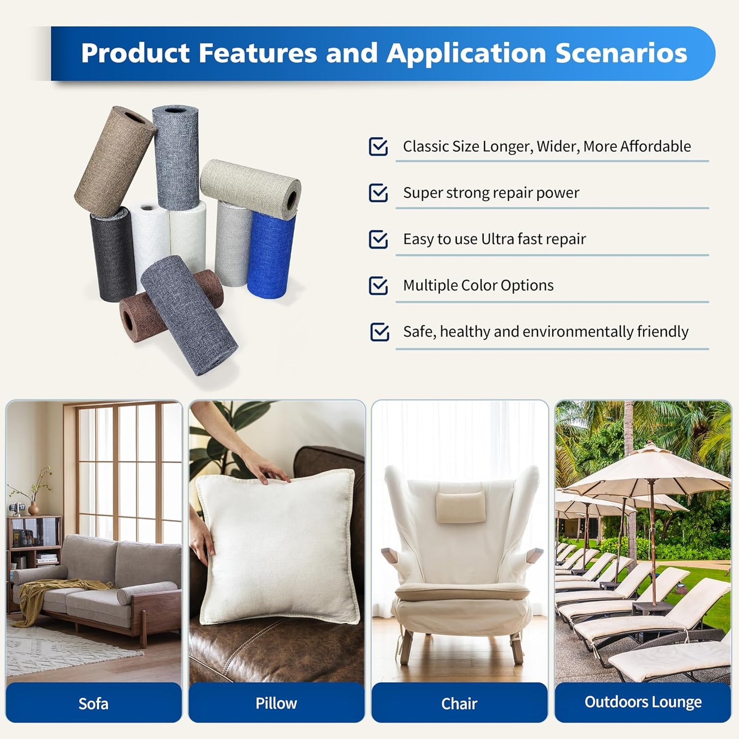 KING MOUNTAIN Linen Repair Patches, Self-Adhesive Linen Fabric Patches, 4 X 63 inch Extra Size, Multi Color, Can be Used for Linen Sofa Repair and Linen Clothes Repair (Cream-Gray2.0)