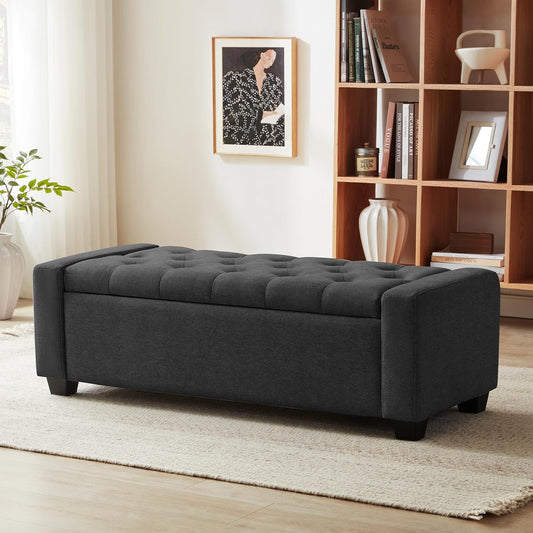 48" Ottoman with Storage, Storage Ottoman Bench with Safety Hinge, Upholstered Entryway Bench with