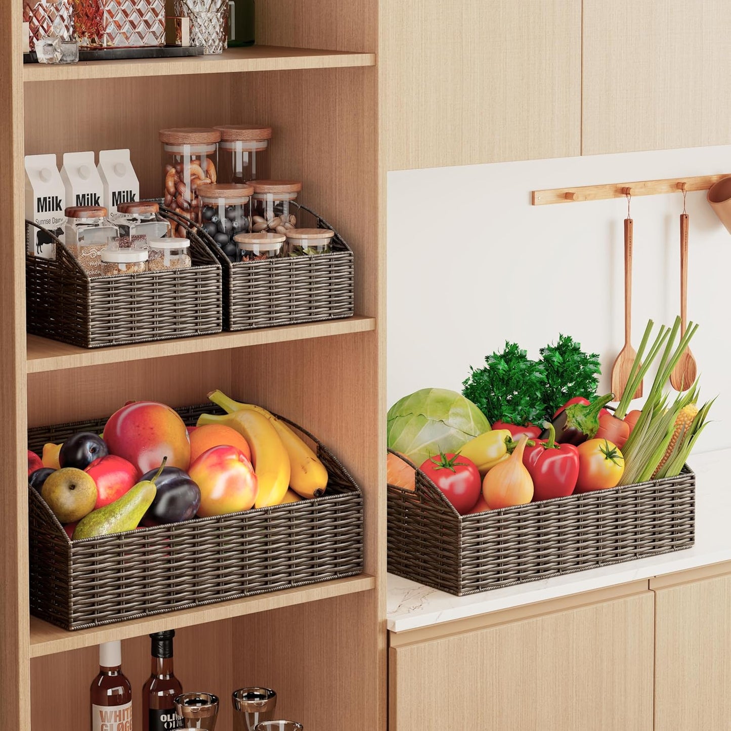 Ollieroo Rattan Storage Baskets, Handwoven Wicker Storage Bins with Built-in Handles, Storage Container Baskets for Shelves, Bedroom, Bathroom, Laundry Room or Kitchen(Brown)