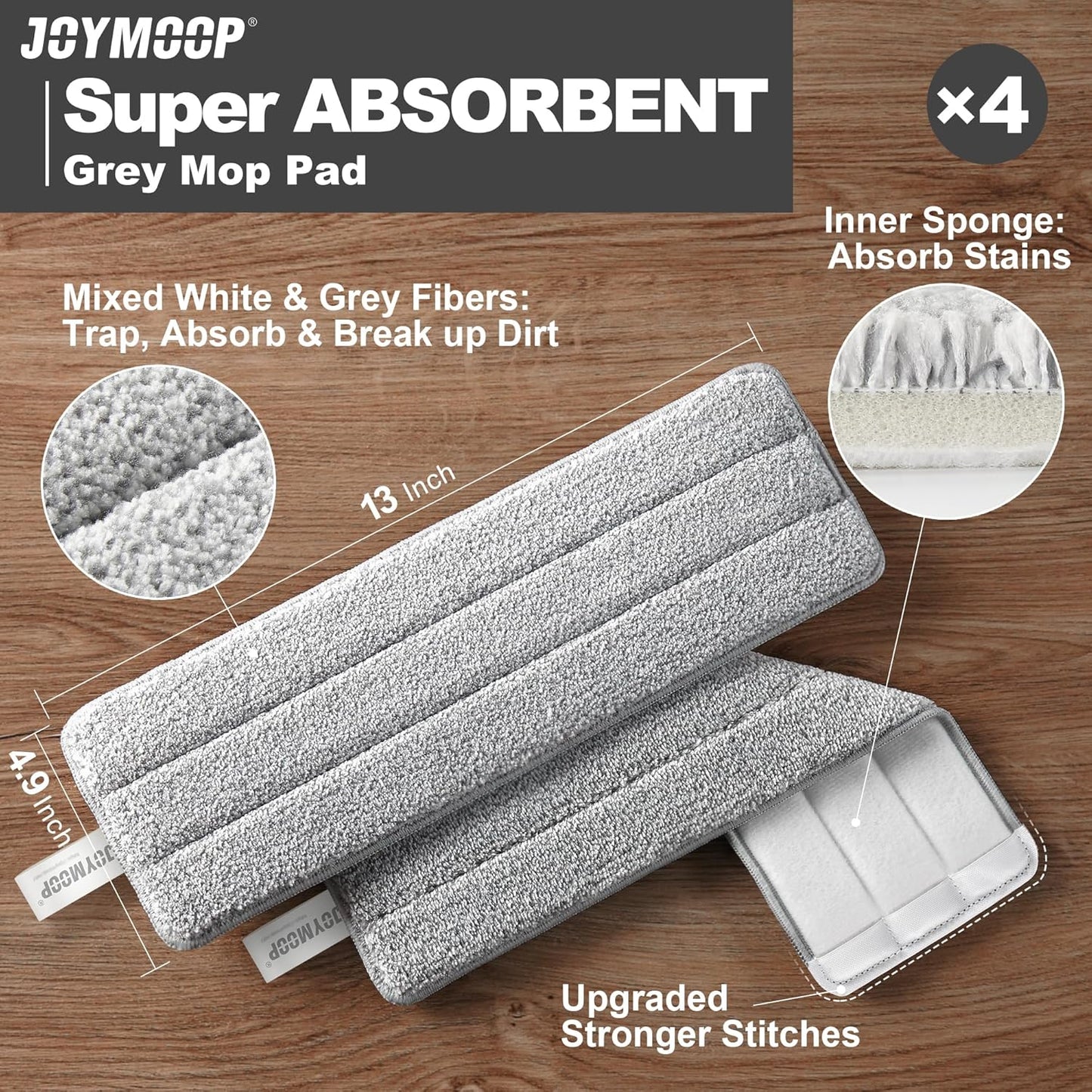 JOYMOOP Flat Mop Pads, Microfiber Mop Cleaning Pads, Washable Pads, Pads Replacement for Flat Mop or Mop Bucket Set, Pack of 4 Refills 13inch - Grey
