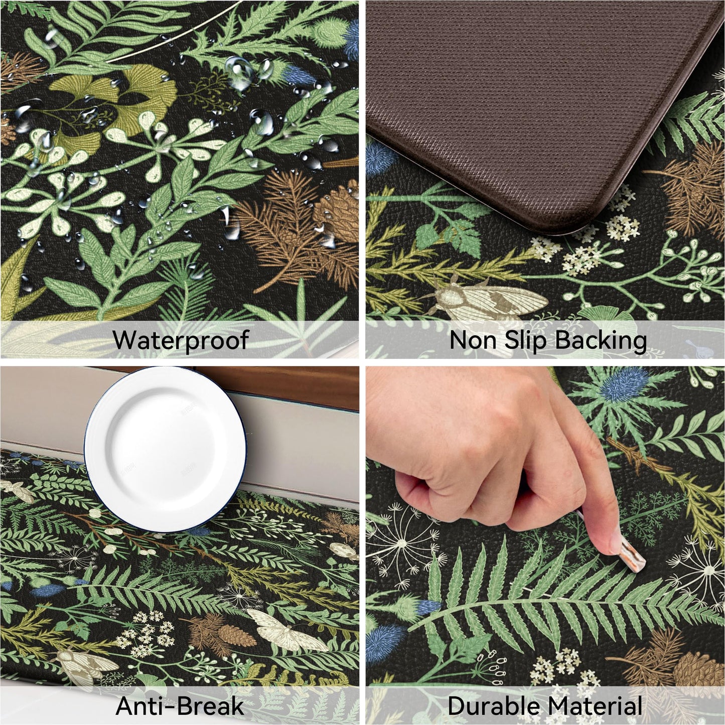 2 PCS Botanical Kitchen Rugs Set, Black Green, 17.3"x28" + 17.3"x47"