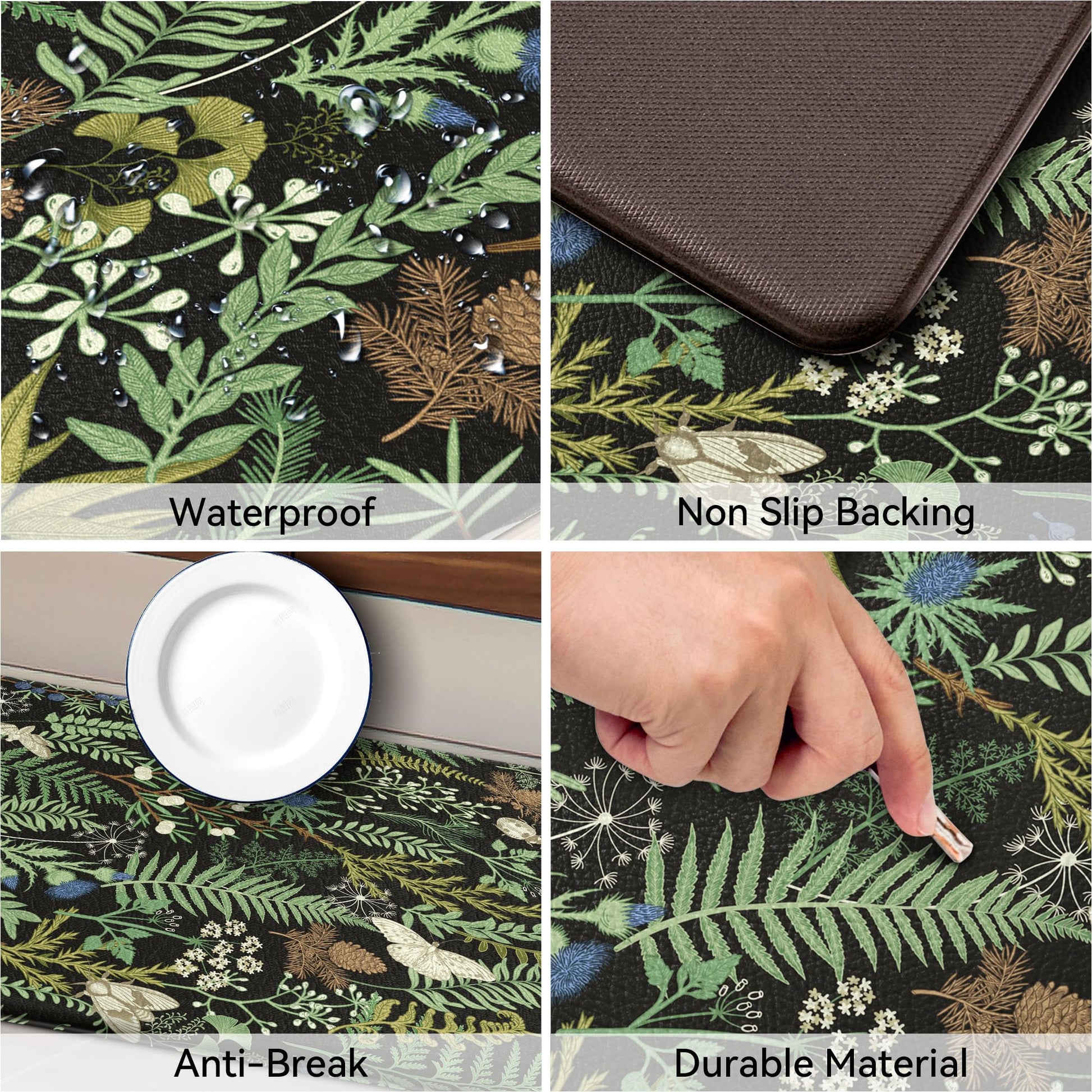 2 PCS Botanical Kitchen Rugs Set, Black Green, 17.3"x28" + 17.3"x47"