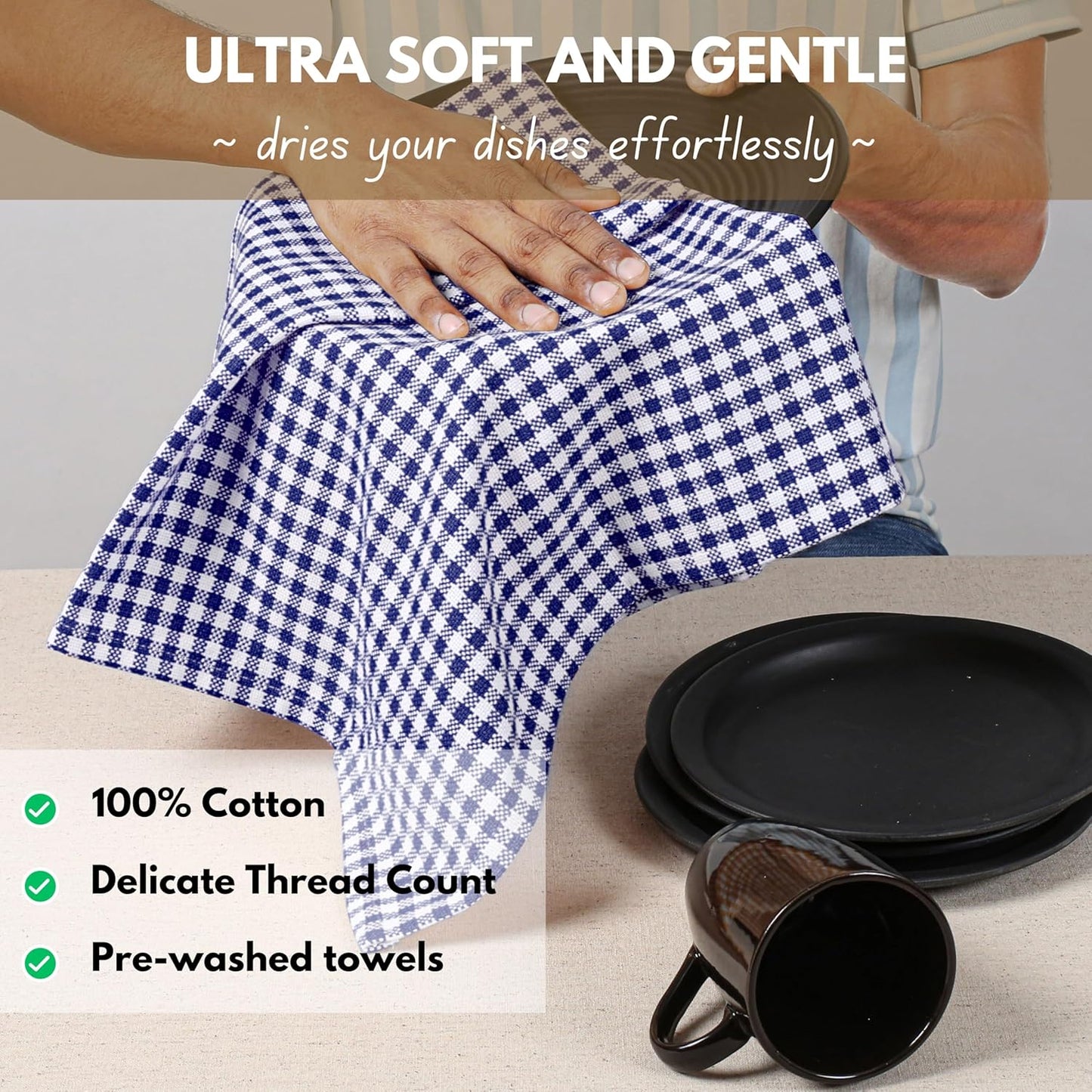 Native Fab 6 Pack Gingham Mini Check Kitchen Hand Towels Set 16"x26" - 100% Cotton Absorbent Reusable Wash Cloths - Quick Drying Dish Towels with Hanging Loops for Kitchen, Blue White