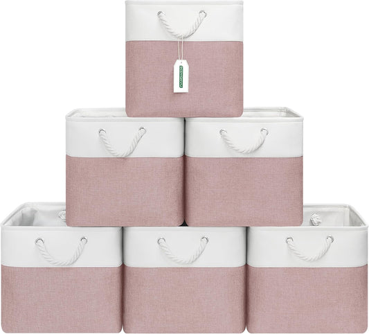 13x13 Inch Cube Storage Bins with Reinforced Bottom Cardboard, 6 Pack Large Collapsible Fabric Storage Cubes with Handles for Shelf, Closet, Toy, Laundry Organization (White&Pink)