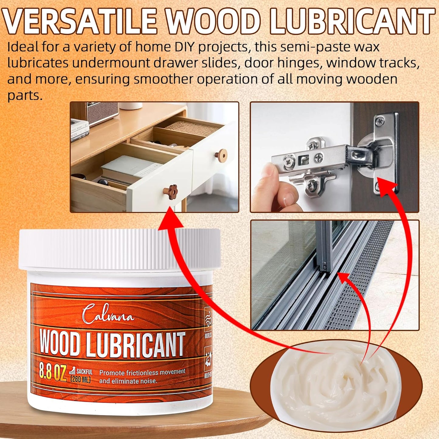 8.8oz Wood Wax for Home Projects,Door Hinge Lubricant,for Wood Drawer Slides,Sliding Glass Door,Window Track, Clear,Unscented, Non-Spray Formula