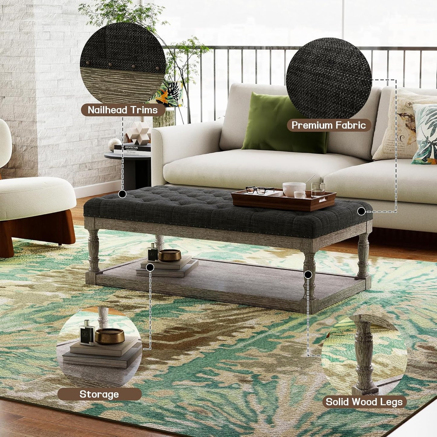 48" Large Ottoman with Storage Coffee Table, Upholstered Tufted Linen Ottoman Bench with Solid Wood Shelf for Living Room, Bedroom, Holds 250lbs (Dark Gray)