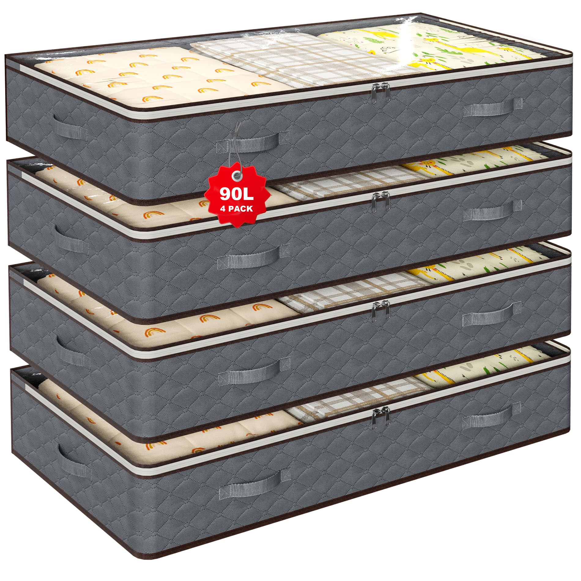 90L Under Bed Storage Containers,4-Pack Closet Organizer Storage Bins ,Grey