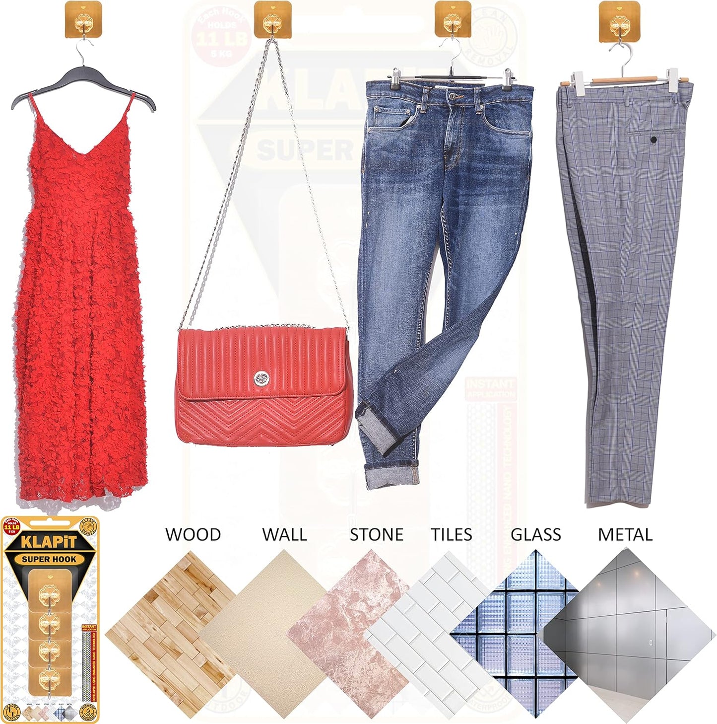 KLAPiT Super Hook - Heavy-Duty Adhesive Gold Wall Hooks, Holds Up to 11 lbs, Waterproof, No Damage, Easy Install on Tile, Wood, Stone, Glass & Metal - Made of Steel (Gold, 16pc)