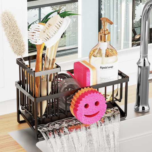 Sponge Holder for Kitchen Sink,Smiley Face Sink Caddy with Removable Brush Holder,Self-Draining Sponge Caddy for Soap,Dish Brush,Scrubber,Kitchen Essentials and Gadgets