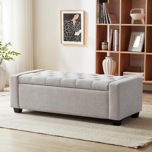 48" Ottoman with Storage, Storage Ottoman Bench with Safety Hinge, Upholstered Entryway Bench with