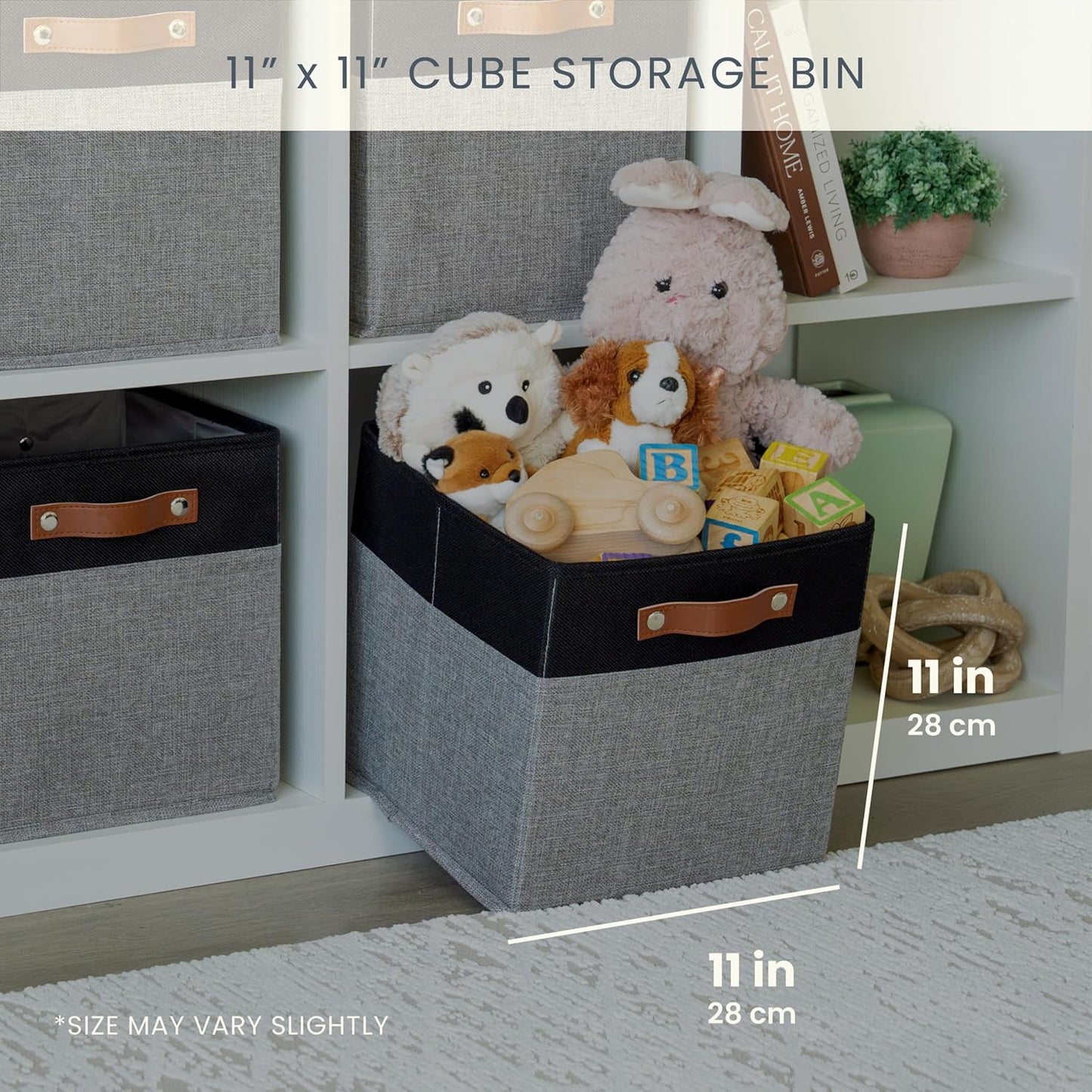 OrganiHaus 11x11 Cube Storage Bins - Set of 4, Fabric Cubby Bins with Vegan Handles, Square Storage Cubes in Gray/Black